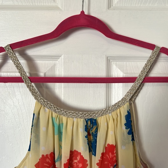 Yellow, Red, and Blue Floral Sundress with Braided Gold Neckline - Picture 3 of 3